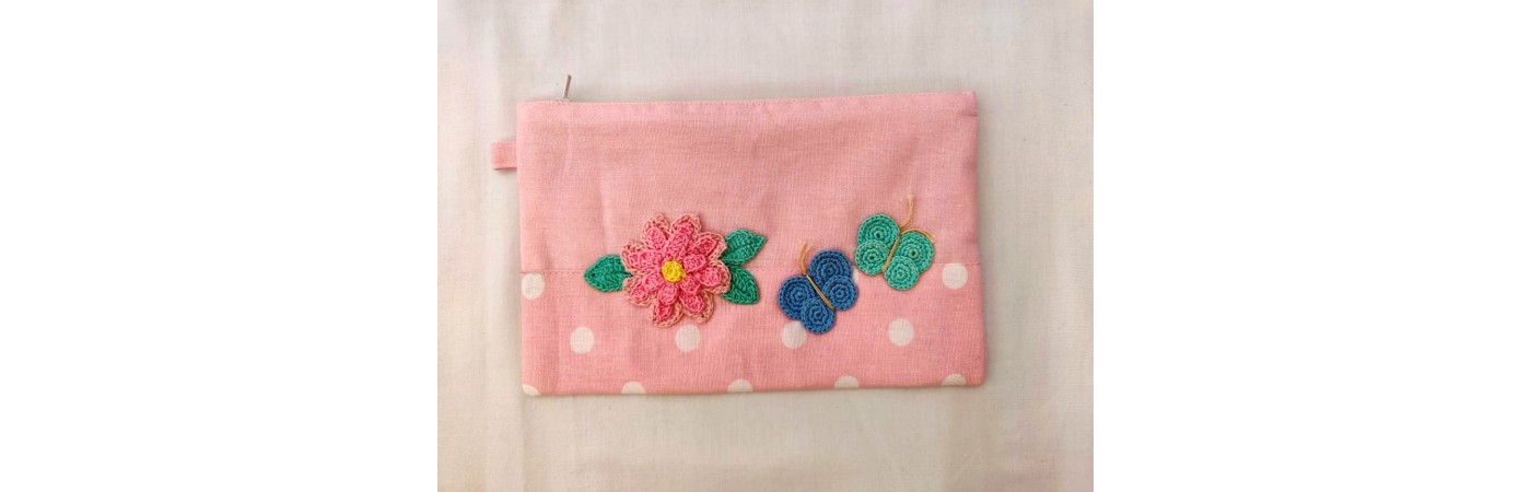 Happy Threads Pretty Cotton Storage Pouch with Butterfly Motifs (Light Pink)